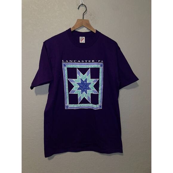 Vintage Lancaster Shirt Pastel Star Quilt PA Graphic Purple Tee VTG 90s Large - Picture 1 of 9